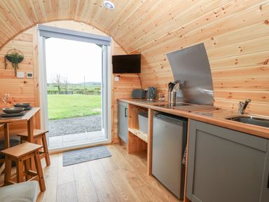 A compact kitchen area with wooden walls and a door opening to a grassy outdoor space at Nebo Pod in Amlwch