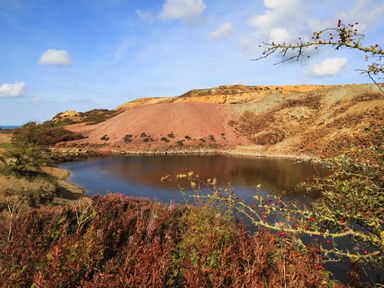 A pond with brown and green bushes in front and hills in the background at Nebo Pod in Amlwch