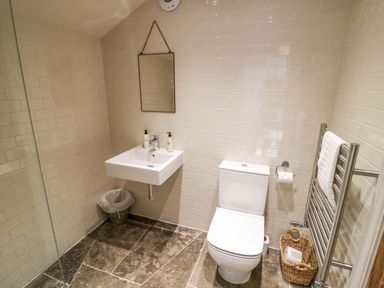 A bathroom with white tiled walls a wall-mounted sink a mirror a toilet a towel rail and a waste basket at The Millhouse in Ledbury near Welland