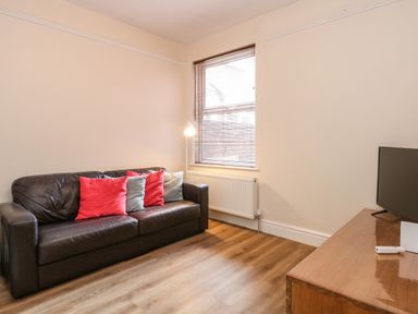 A living room with a brown leather sofa with red and gray pillows a floor lamp a window with blinds a radiator a wooden floor and a wooden TV stand with a television on it at Seaside House in Gorleston-On-Sea