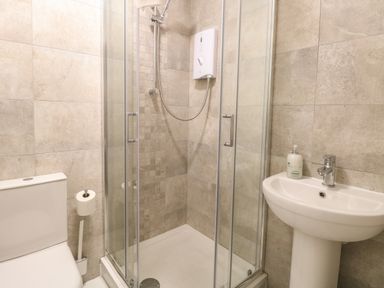 A bathroom with a shower enclosure a toilet and a sink with soap dispenser at Seaside House in Gorleston-On-Sea
