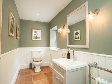 A bathroom with a toilet a sink a mirror and framed bird pictures on the walls at Haulfryn in Barmouth