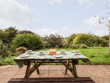 An outdoor wooden picnic table with a cake and tea set on a green checkered tablecloth in a garden at Mabel's View in East Allington Devon