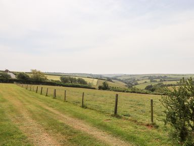 A fenced grassy field with rolling hills and scattered trees in the distance at Mabel's View in East Allington Devon