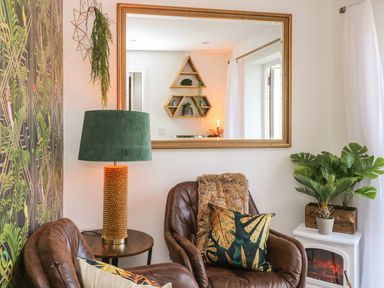 A sitting area with brown leather chairs a green lamp plants a large mirror and triangular wall shelves at Inny Brook Burrow Davidstow near Camelford