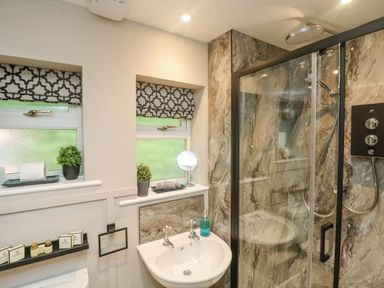 A bathroom with a sink a glass shower enclosure and two windows with patterned blinds at Inny Brook Burrow Davidstow near Camelford
