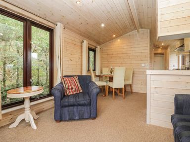 A living area with a blue armchair and a round wooden table next to large windows and a dining table with cream chairs in a wooden cabin Canadian Cabin No 39 Keswick