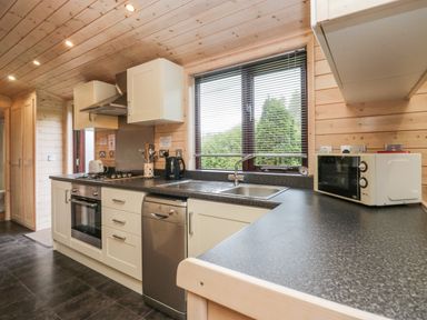 A kitchen with wooden ceiling and walls including oven stove dishwasher microwave and a window with blinds at Canadian Cabin No 39 in Keswick