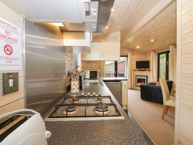 A kitchen with a gas stove and toaster next to a living area with a fireplace TV and blue sofa at Canadian Cabin No 39 in Keswick