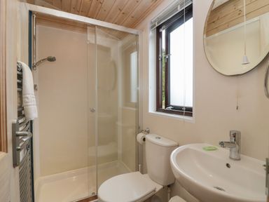 A bathroom with a shower enclosure toilet and sink at Canadian Cabin No 39 in Keswick