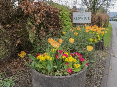 A roadside flower bed with yellow red and orange flowers near a welcome to Keswick sign in Keswick