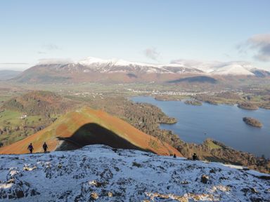A hilly landscape with snow on the foreground and people walking near a large lake and snow-capped mountains in the background at Chestnut Timber Lodge in Keswick