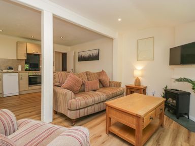 A living room with a sofa and coffee table at Chestnut Timber Lodge in Keswick