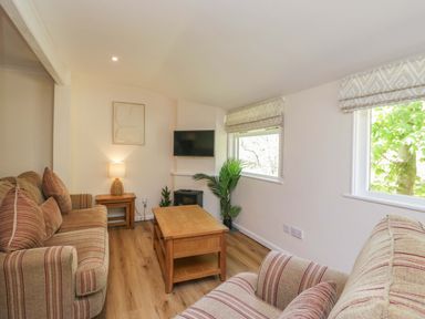 A living room with a sofa and coffee table at Chestnut Timber Lodge in Keswick