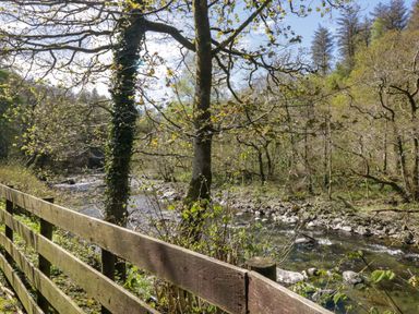 A river with fence and trees at Chestnut Timber Lodge in Keswick