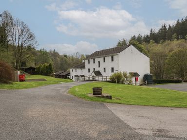White multi-story building with a sloped roof on a paved road surrounded by grass and trees at Dogwood Timber Lodge in Keswick