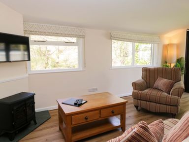 A living room with a television and coffee table at Dogwood Timber Lodge in Keswick