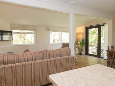 A living room with a sofa and television at Dogwood Timber Lodge in Keswick