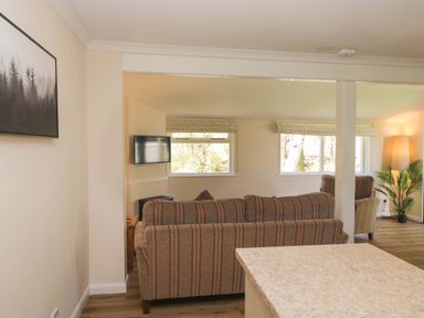 A living room with a sofa and television at Dogwood Timber Lodge in Keswick