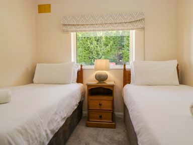 A bedroom with two beds and a lamp on a nightstand at Dogwood Timber Lodge, Keswick
