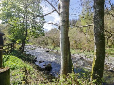 A river with trees and a wooden fence at Dogwood Timber Lodge in Keswick