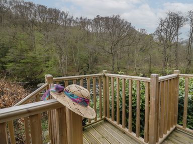 A wooden deck railing with a straw hat hanging on it overlooking trees and a river at Pod No 28 in Keswick