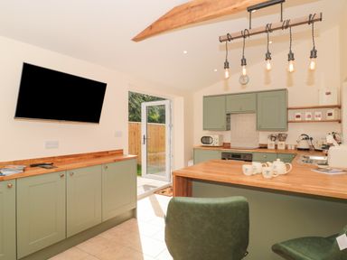 A kitchen with green cabinets wooden countertops a wall mounted television and an open door leading outside at The Nest in North Petherton