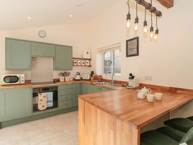 A kitchen with green cabinets wooden countertops and hanging light bulbs at The Nest in North Petherton