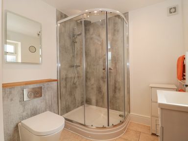A bathroom with a corner shower enclosure toilet sink cabinet and mirror at The Nest in North Petherton