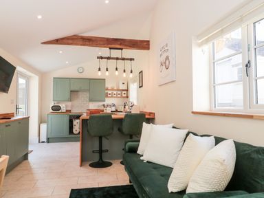 A kitchen with green cabinets and bar stools next to a dark green sofa with white pillows at The Nest in North Petherton