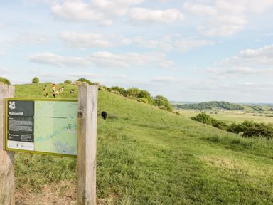 A grassy hill with a signpost labeled Walton Hill and cows grazing in the background at Walton Hill