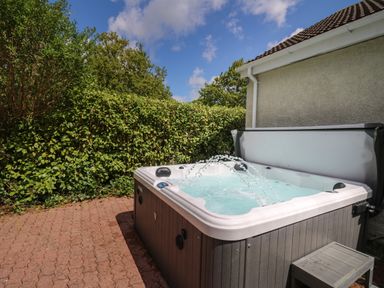 An outdoor hot tub with water jets on a patio next to a house with trees and hedges in the background at Lavender Lodge in Haverfordwest