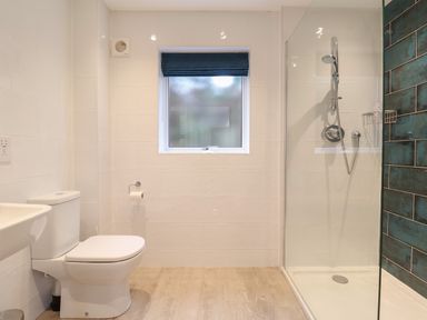 A bathroom with a toilet sink window and a shower area with dark green tiles at Little Chapter in Walberswick