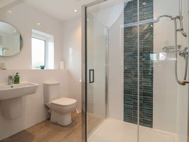 A bathroom with a sink mirror toilet and shower at Little Chapter in Walberswick