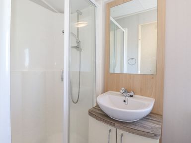 A bathroom with a shower enclosure a sink with a faucet a mirror and a countertop at Swinside in Lorton