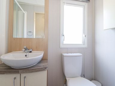 A bathroom with a sink, mirror, toilet, and window at Swinside in Lorton