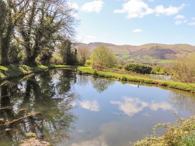 A pond with trees and hills in the background at Swinside in Lorton