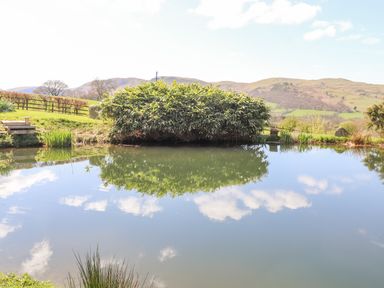 A pond with vegetation reflecting clouds and hills in the background at Swinside in Lorton