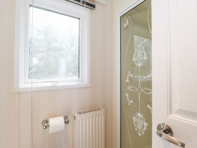 A bathroom with a frosted window a toilet paper holder radiator and a shower door with decorative patterns at Whiteside in Lorton