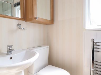 A bathroom with a sink, a toilet, wooden cabinets, and a chrome towel rack at Whiteside in Lorton