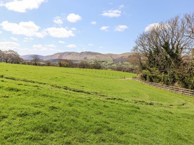 A green grassy field with trees and hills under a blue sky at Whiteside in Lorton