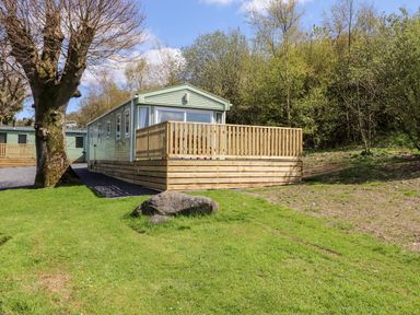 A static caravan with a wooden deck surrounded by grass and trees at Whiteside in Lorton