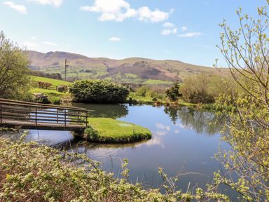 A pond with a wooden footbridge and grassy area surrounded by trees and hills at Whiteside in Lorton