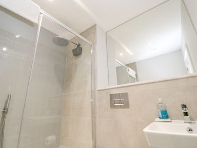A bathroom with a glass-enclosed shower, a wall-mounted sink with a faucet and soap dispenser, and a large mirror at Sebastian's View in Falmouth
