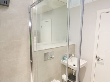 A bathroom with a white sink a mirror a door and a glass shower enclosure at Sebastians View in Falmouth