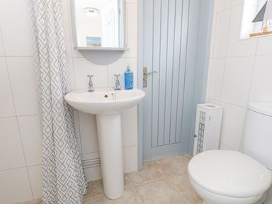 A bathroom with a sink, toilet, shower curtain, and blue door at Little Beach in Seaview