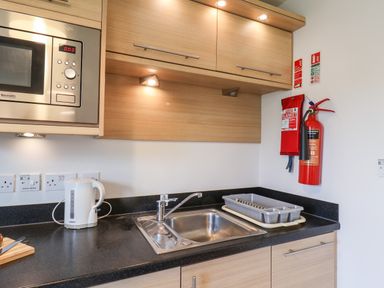 A kitchen countertop with a microwave kettle sink dish rack fire extinguisher and wooden cabinets at Kittiwakes The Bay - Filey