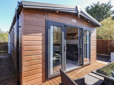 A wooden cabin with a sliding glass door opening to a deck with a table and chairs at Marigold Lodge in Runswick Bay near Staithes