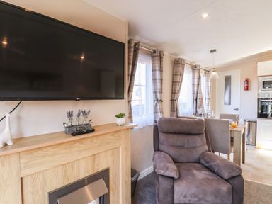 A living room with a brown armchair a wall mounted TV a wooden mantle with small plants and a dining area with a table and chairs at Marigold Lodge in Runswick Bay near Staithes