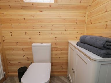 A bathroom with a white toilet next to a cabinet with folded towels on top at Sunset Lodge 5 in Llanbedr